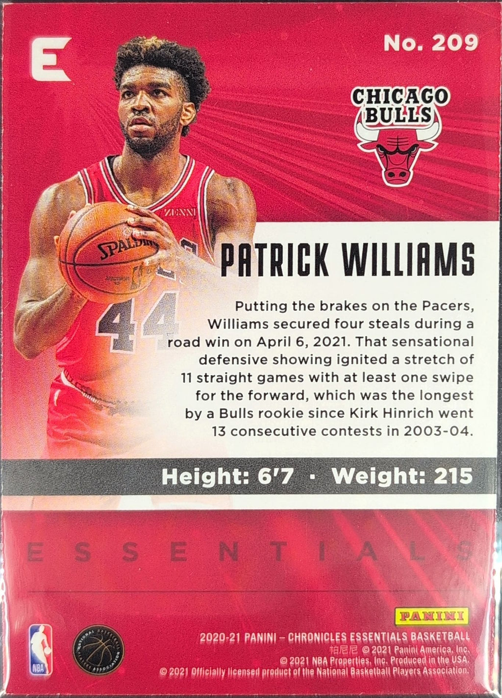 2020-21 Panini Chronicles Patrick Williams #209 Green RC Chicago Bulls back