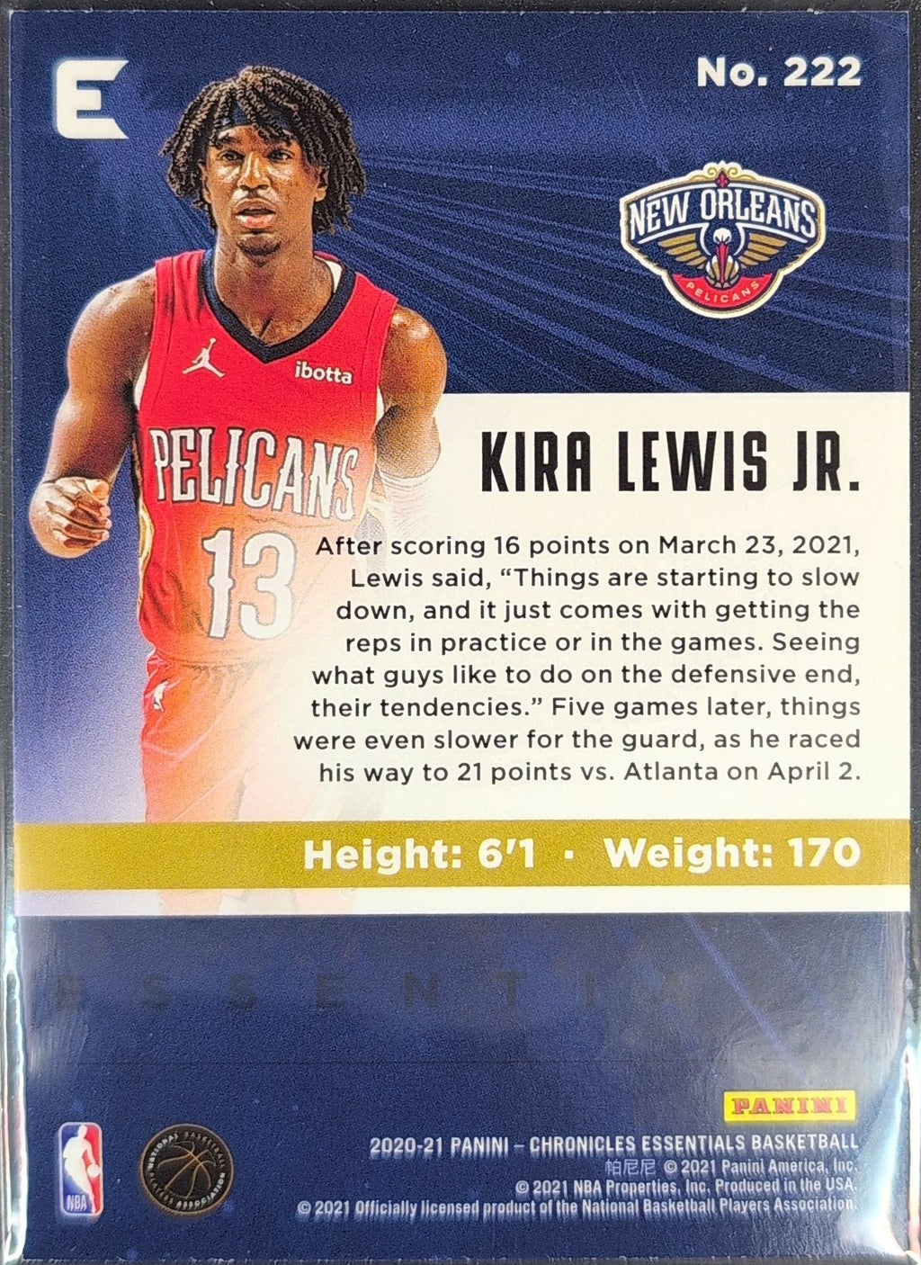2020-21 Panini Chronicles Kira Lewis Jr. #222 RC New Orleans Pelicans back