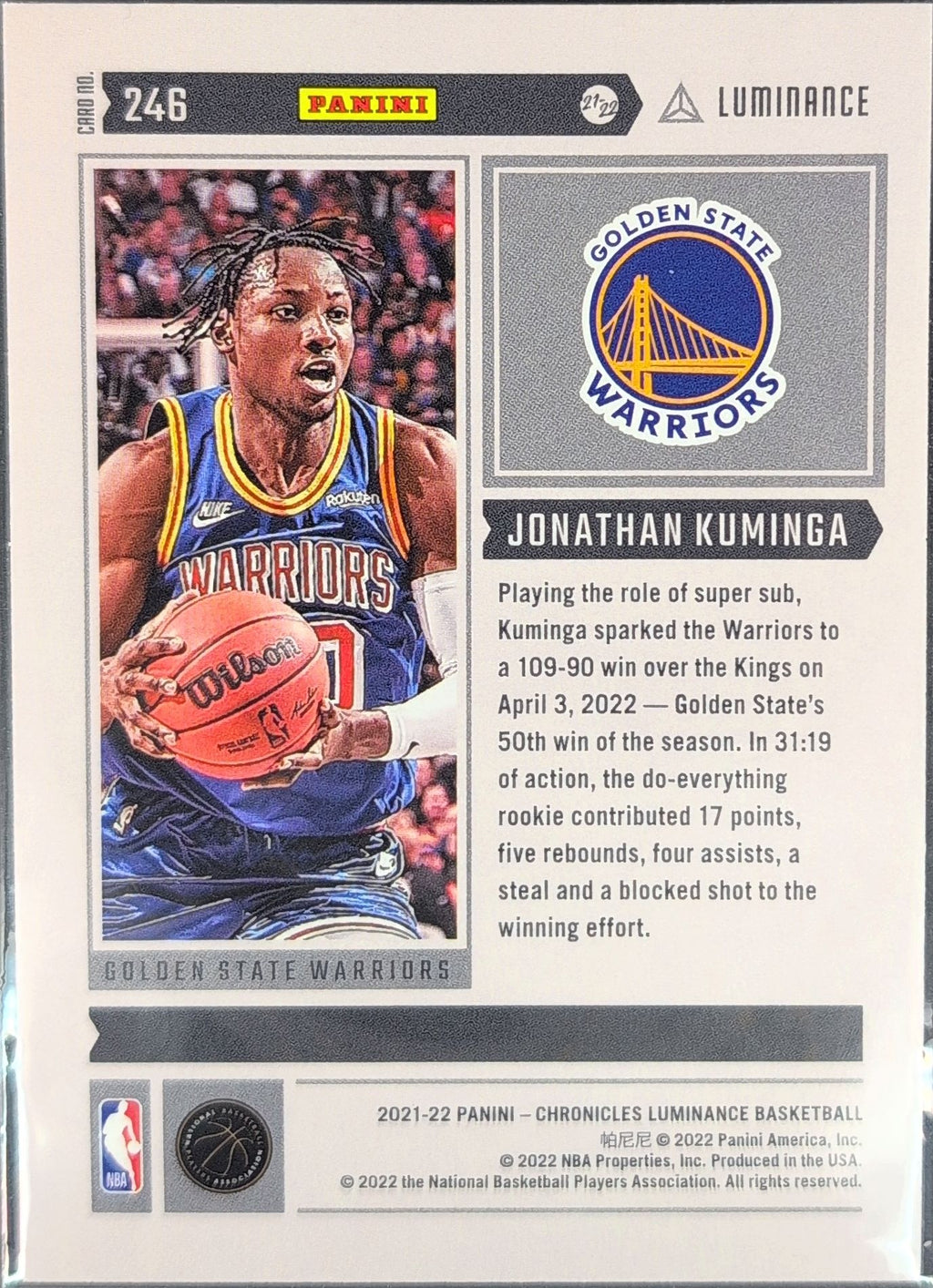 2021-22 Panini Chronicles Jonathan Kuminga #246 Golden State Warriors back