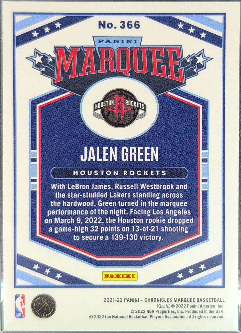 2021-22 Panini Chronicles Jalen Green #366 Silver RC Houston Rockets back
