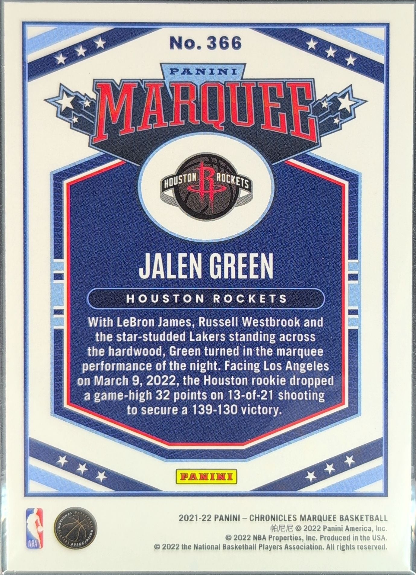 2021-22 Panini Chronicles Jalen Green #366 Silver RC Houston Rockets back