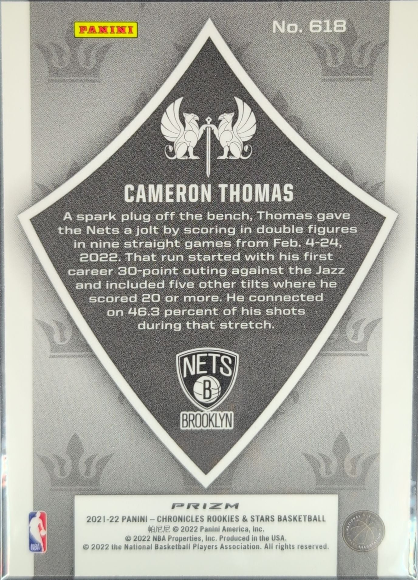 2021-22 Panini Chronicles Cameron Thomas #618 Silver Brooklyn Nets back