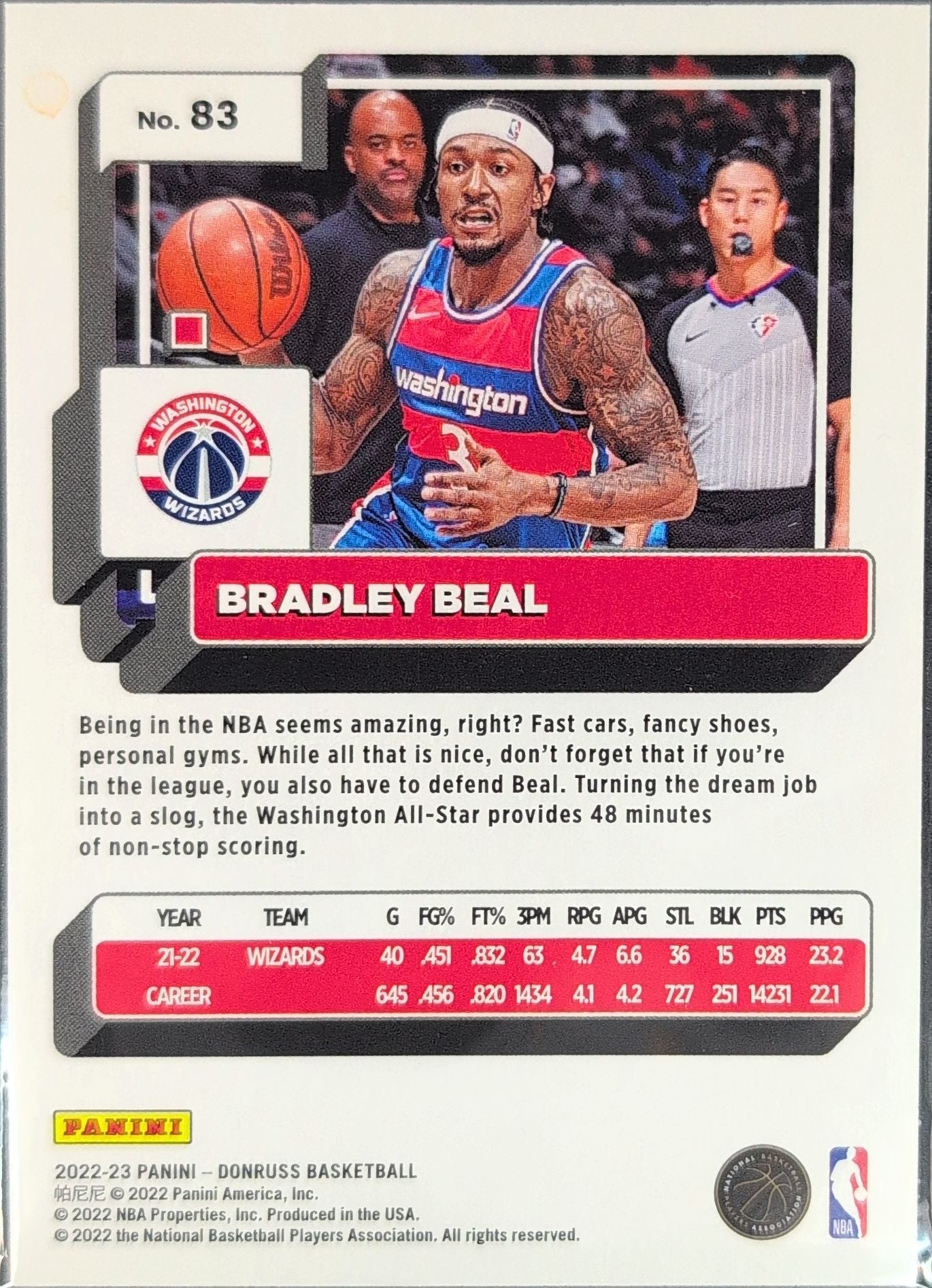 2022-23 Donruss Bradley Beal #83 Holo Laser Green Washington Wizards back