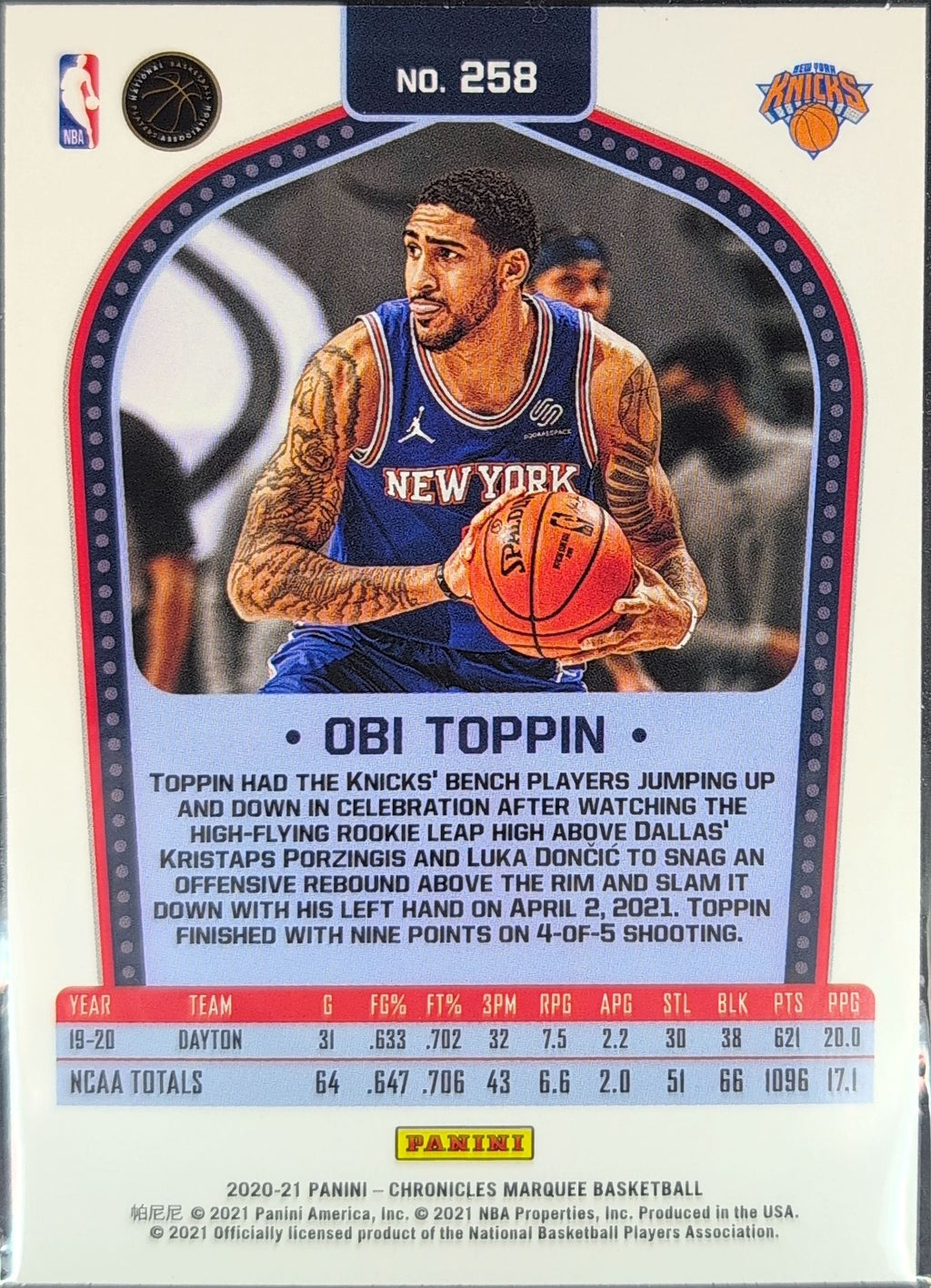 2020-21 Panini Chronicles Obi Toppin #258 Green RC New York Knicks back