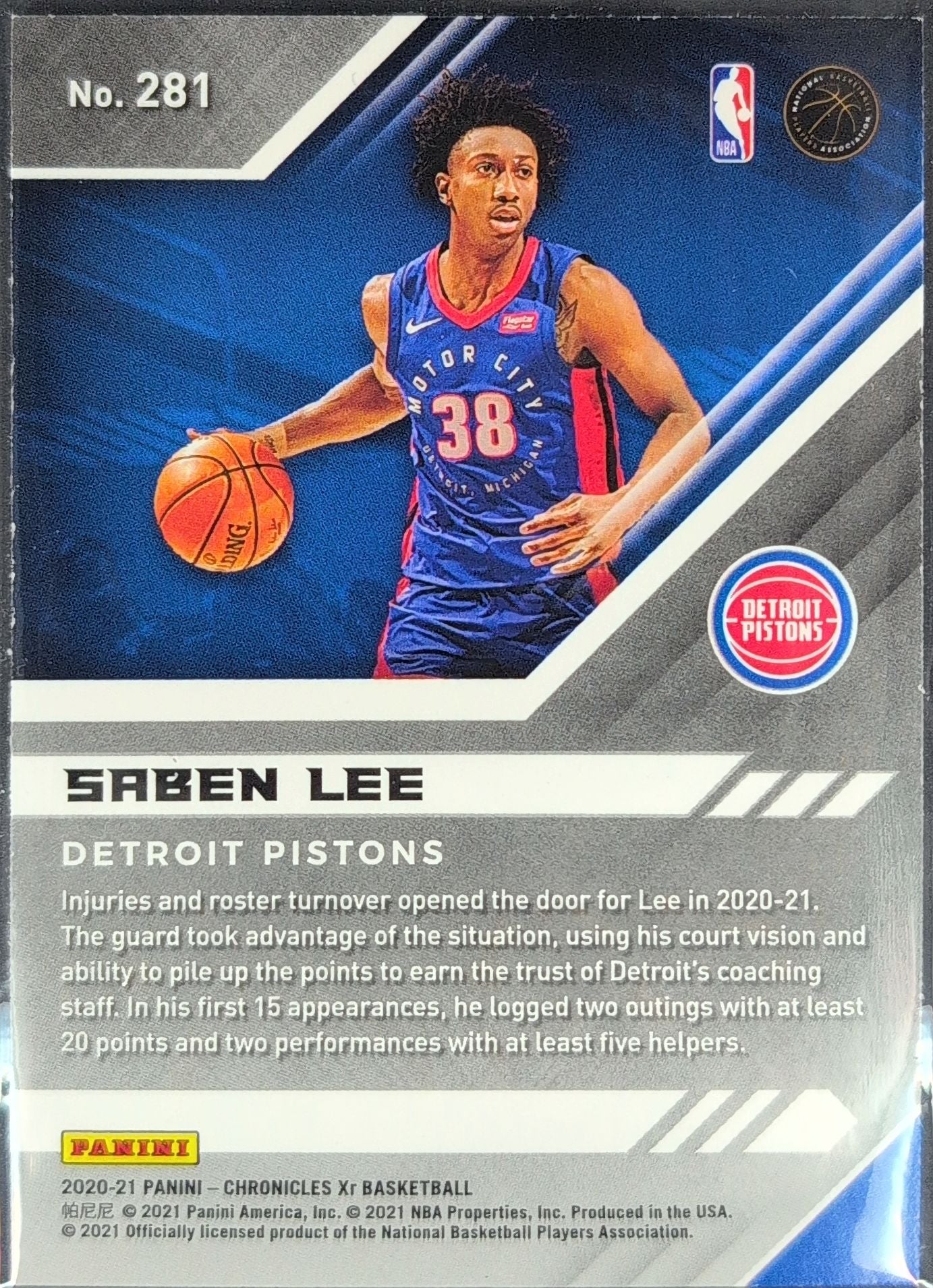 2020-21 Panini Chronicles Saben Lee #281 Bronze RC Detroit Pistons back