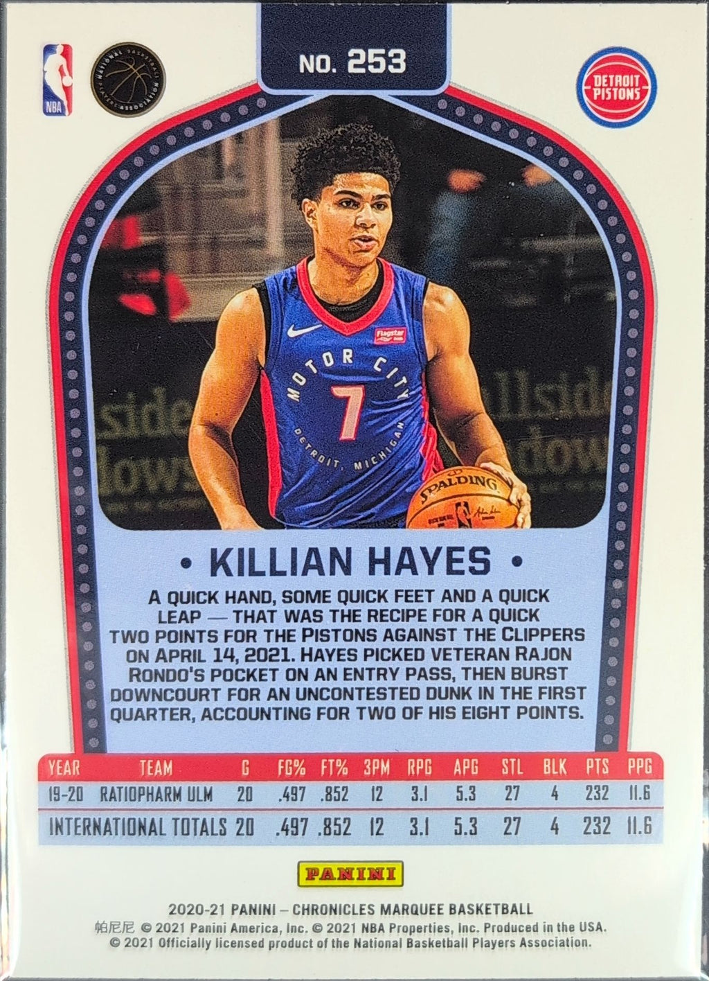 2020-21 Panini Chronicles Killian Hayes #253 RC Detroit Pistons back