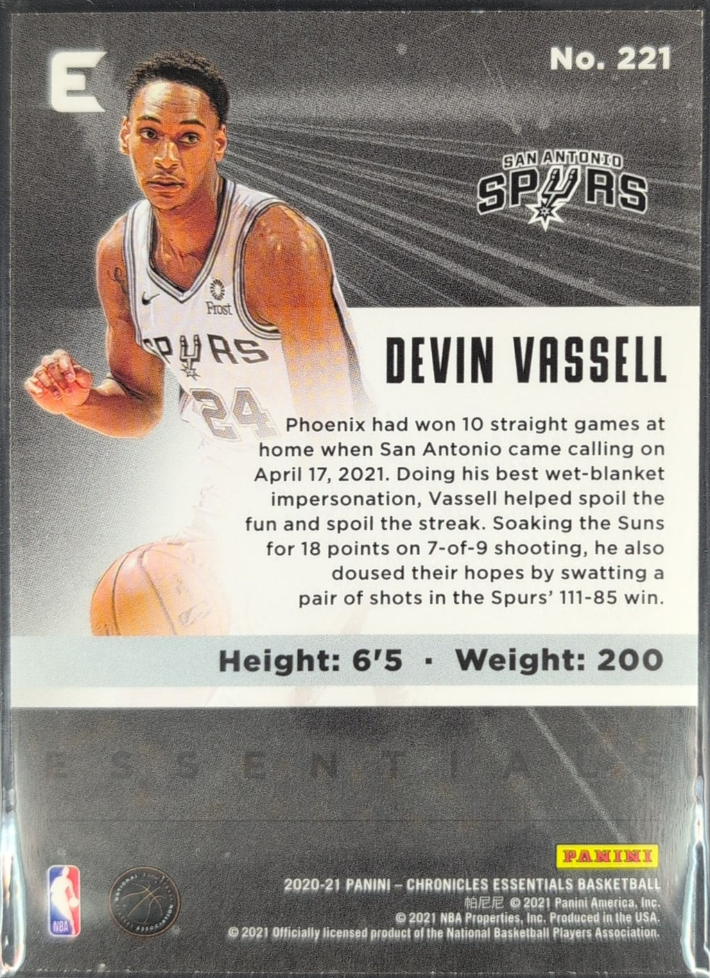 2020-21 Panini Chronicles Devin Vassell #221 Silver RC San Antonio Spurs back