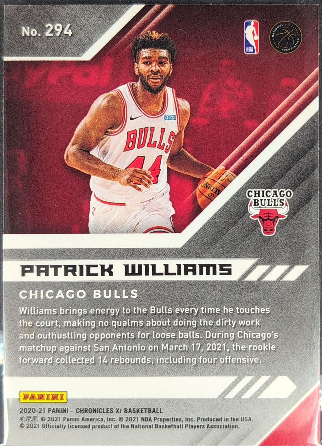 2020-21 Panini Chronicles Patrick Williams #294 RC Chicago Bulls back