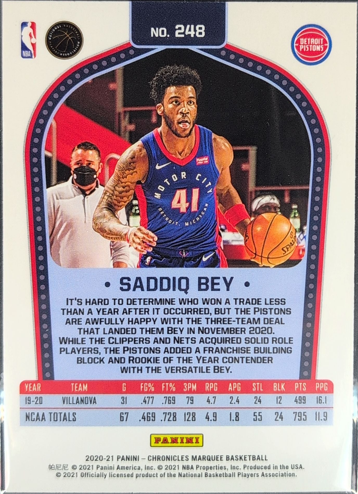 2020-21 Panini Chronicles Saddiq Bey #248 RC Detroit Pistons back