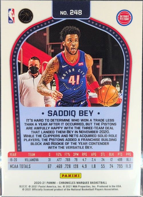 2020-21 Panini Chronicles Saddiq Bey #248 RC Detroit Pistons back