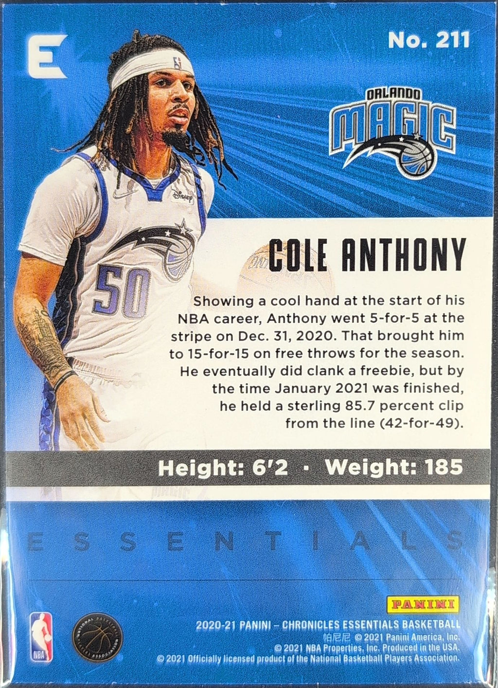 2020-21 Panini Chronicles Cole Anthony #211 Silver RC Orlando Magic back