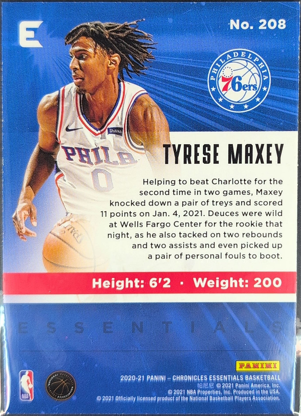 2020-21 Panini Chronicles Tyrese Maxey #208 Bronze RC Philadelphia 76ers back