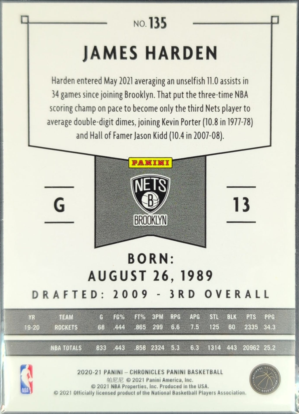2020-21 Panini Chronicles James Harden #135 Pink Brooklyn Nets back