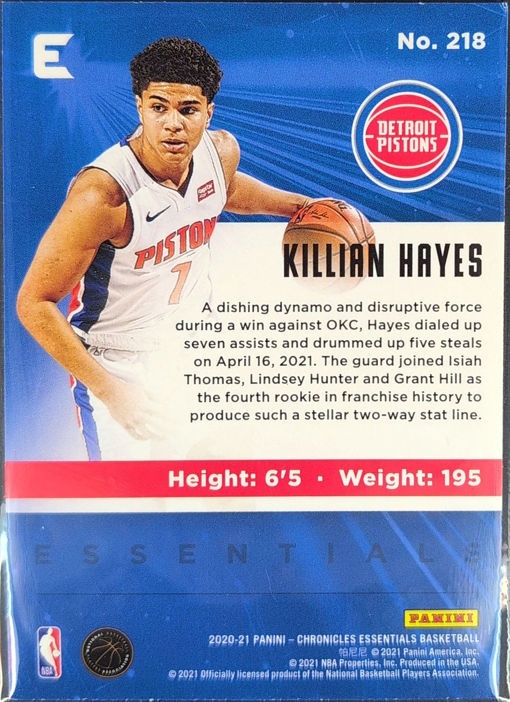 2020-21 Panini Chronicles Killian Hayes #218 Pink RC Detroit Pistons back