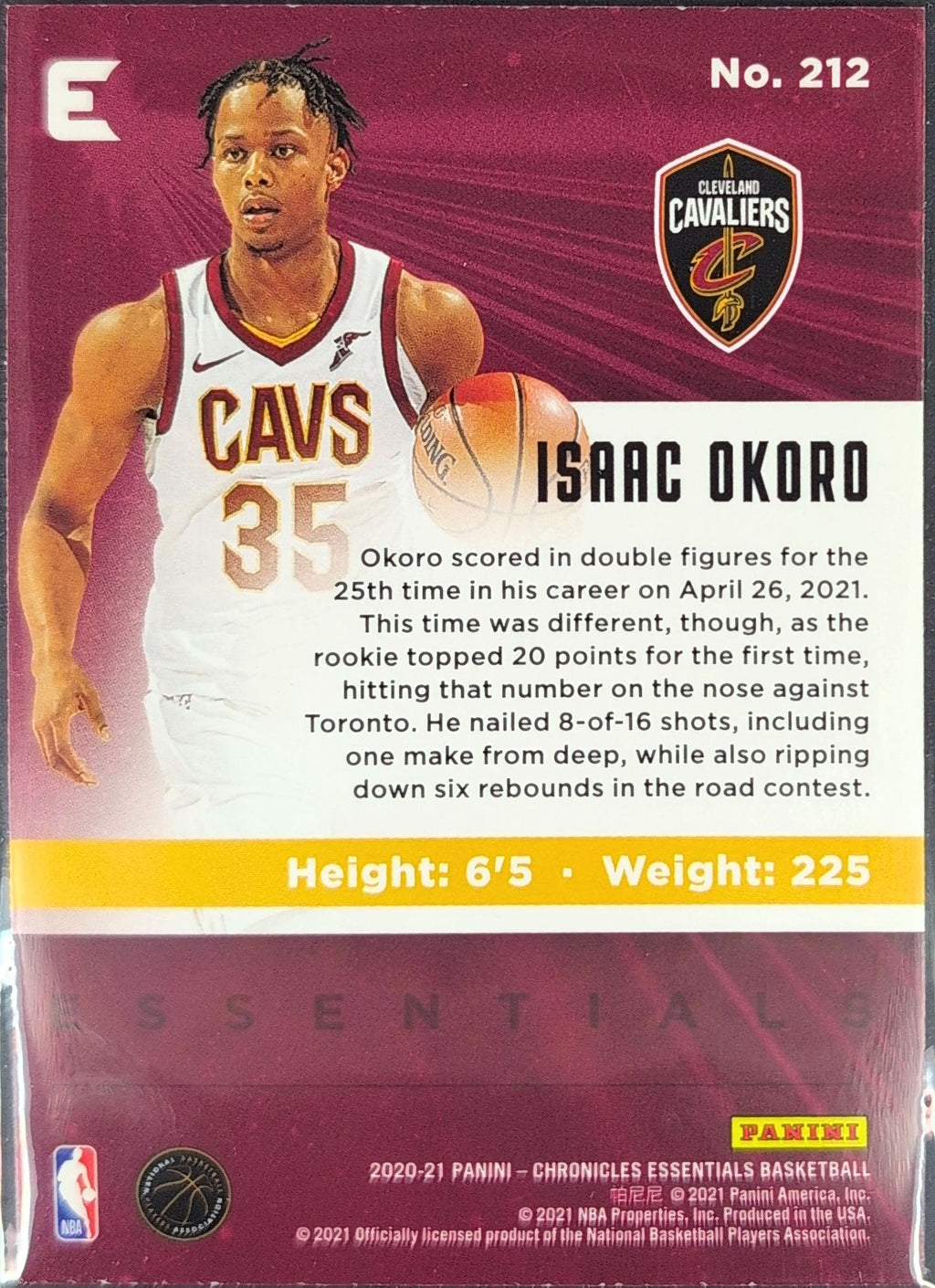 2020-21 Panini Chronicles Isaac Okoro #212 Silver RC Cleveland Cavaliers back
