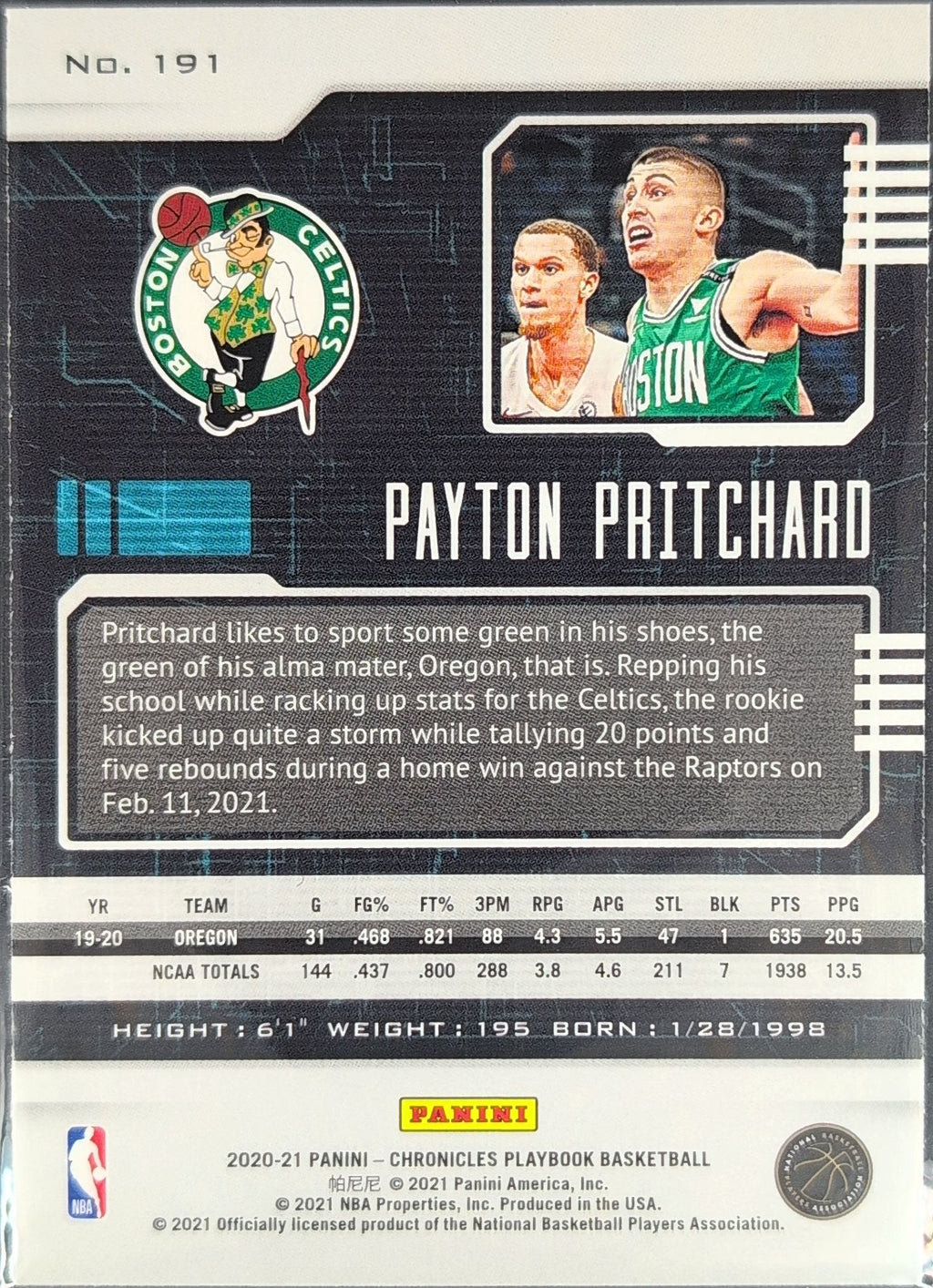 2020-21 Panini Chronicles Payton Pritchard #191 Green RC Boston Celtics back