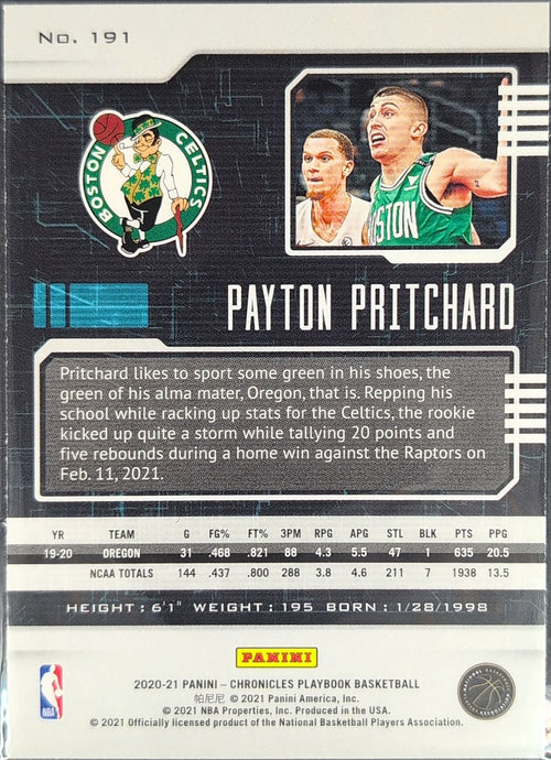 2020-21 Panini Chronicles Payton Pritchard #191 Green RC Boston Celtics back