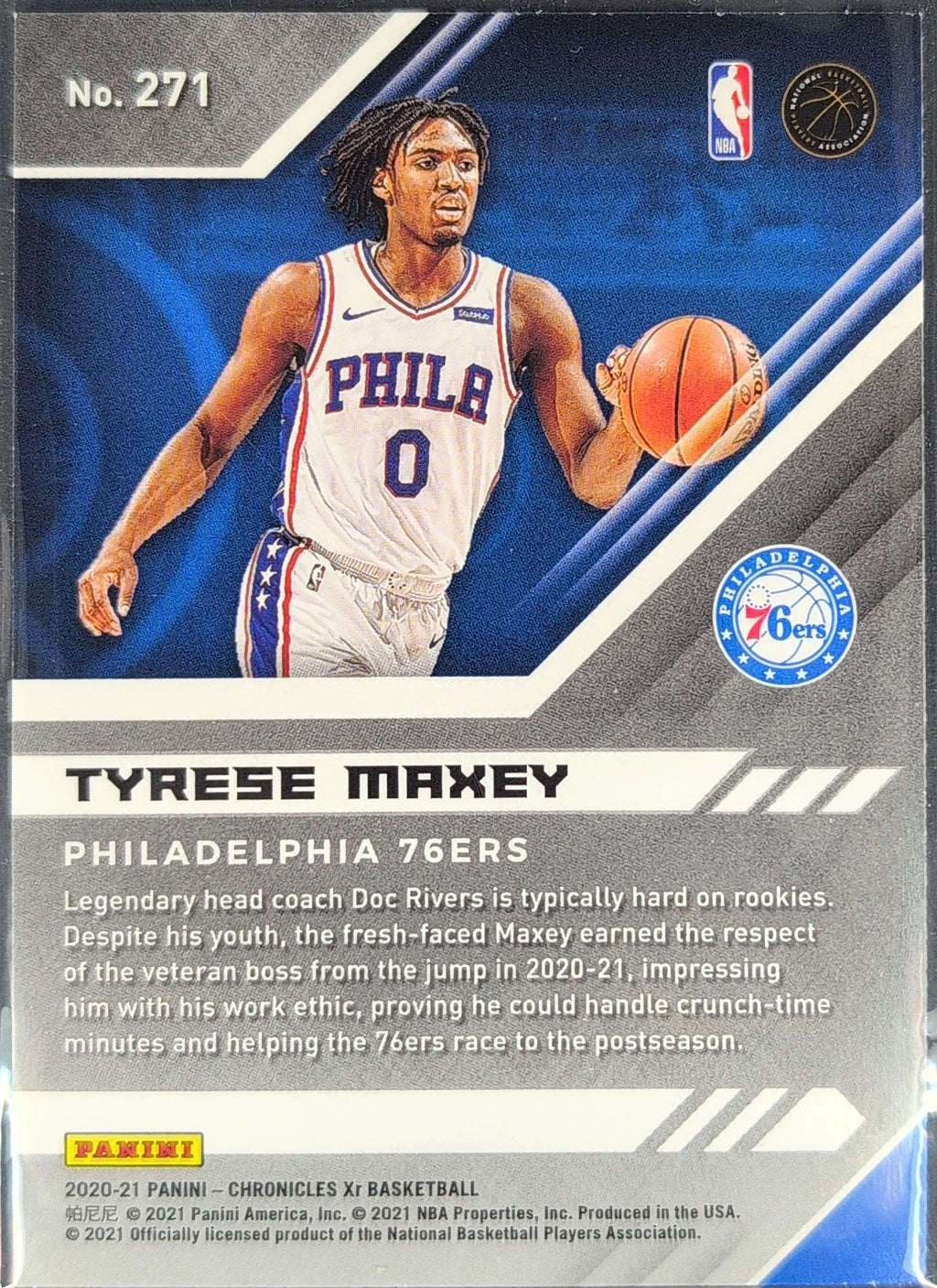 2020-21 Panini Chronicles Tyrese Maxey #271 Bronze RC Philadelphia 76ers back