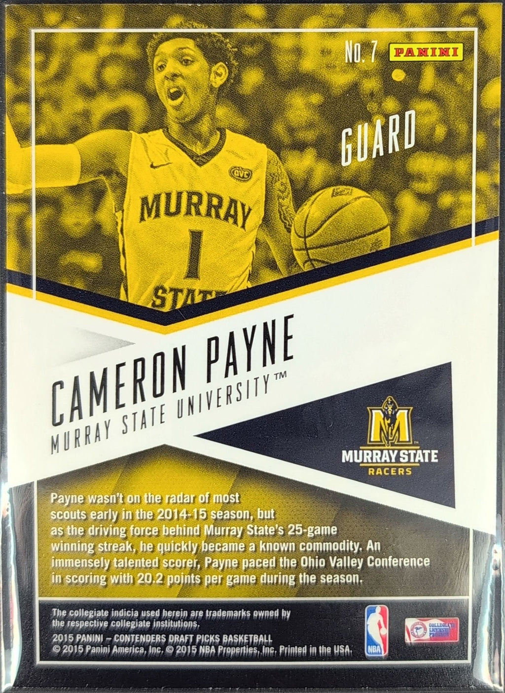 Cameron Payne 2015 Panini Contenders Draft Picks #7 School Colors Murray State Racers - back image
