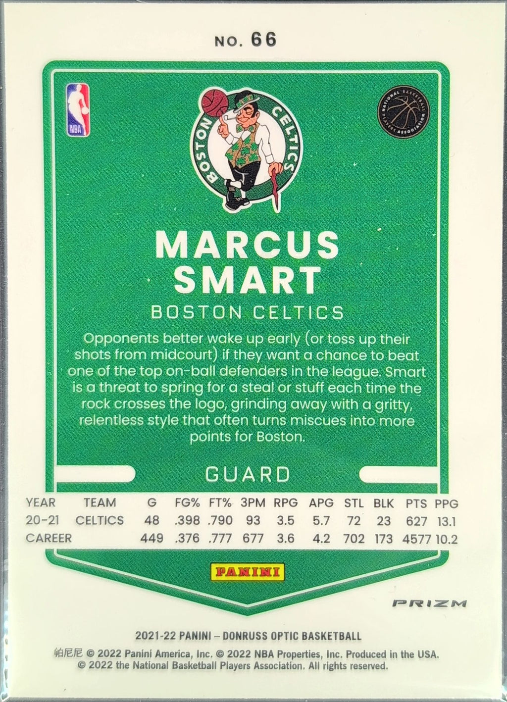 2021-22 Donruss Optic Marcus Smart #66 Holo Boston Celtics back