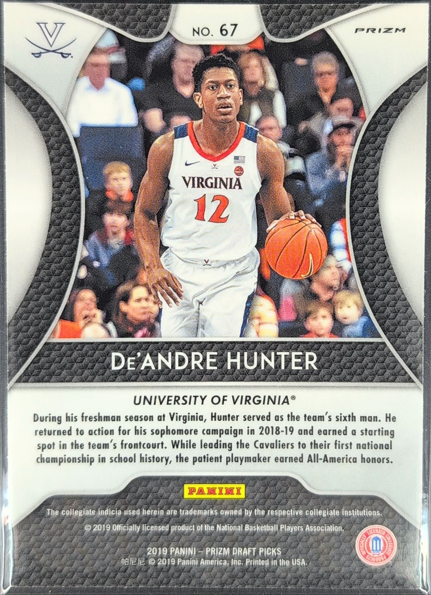 2019 Panini Prizm Draft Picks De'Andre Hunter #67 Prizms Pink Pulsar RC Virginia Cavaliers back