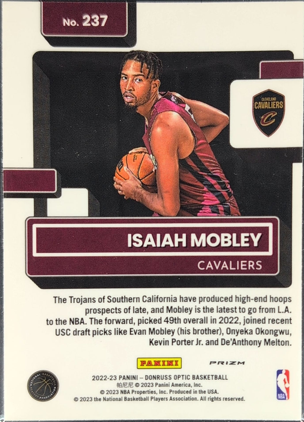 2022-23 Donruss Optic Isaiah Mobley #237 Purple Cleveland Cavaliers back