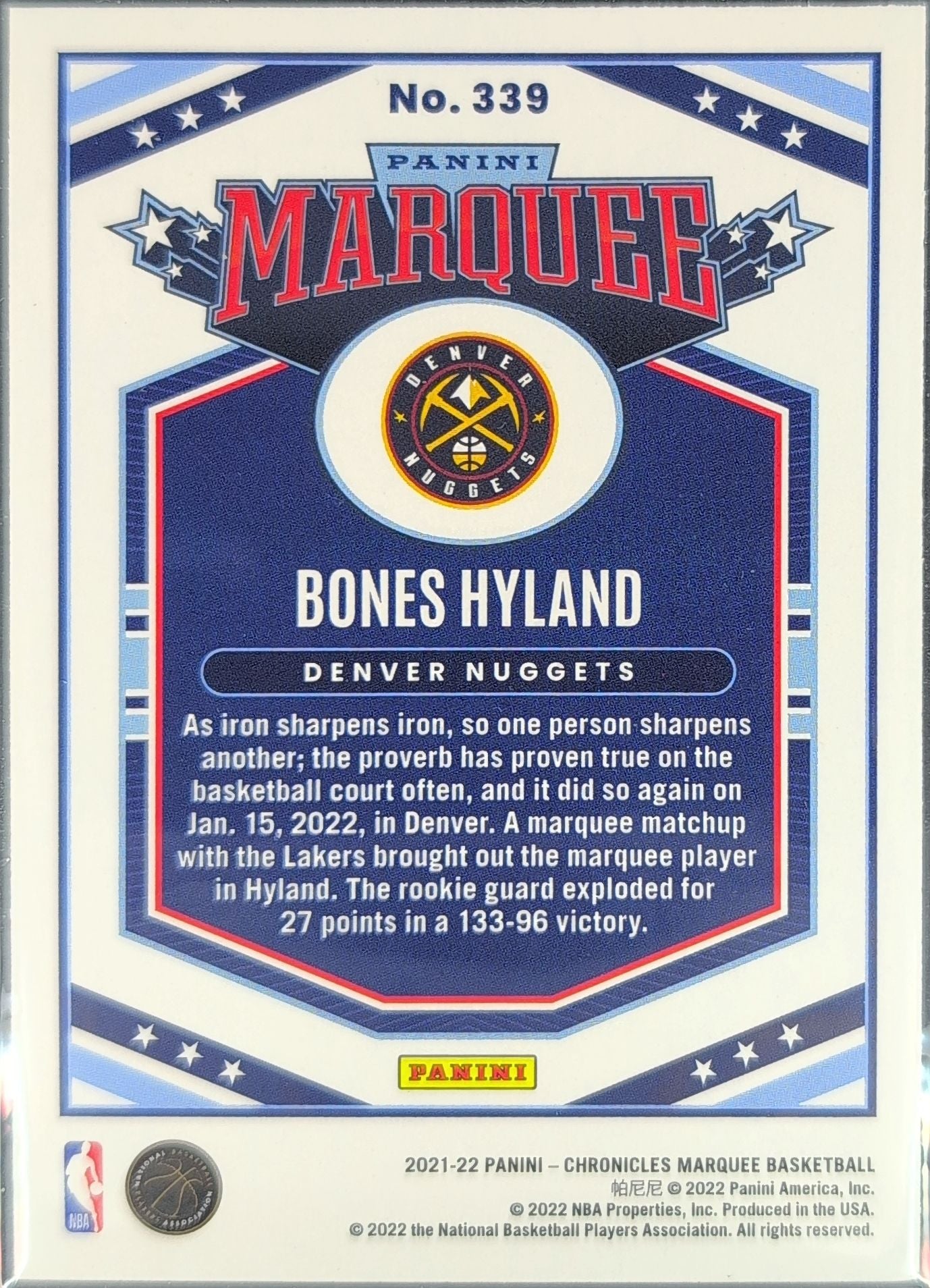 2021-22 Panini Chronicles Bones Hyland #339 Silver Denver Nuggets back