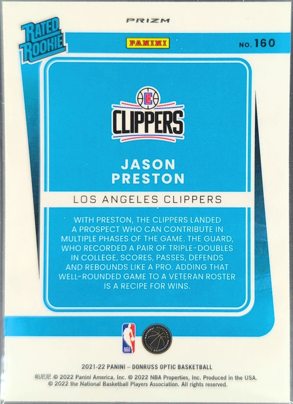 Jason Preston 2021-22 Donruss Optic #160 Rated Rookies Signatures Holo Rookie RC Los Angeles Clippers - back image