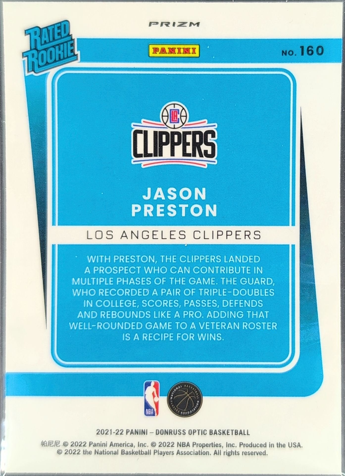 Jason Preston 2021-22 Donruss Optic #160 Rated Rookies Signatures Holo Rookie RC Los Angeles Clippers - back image