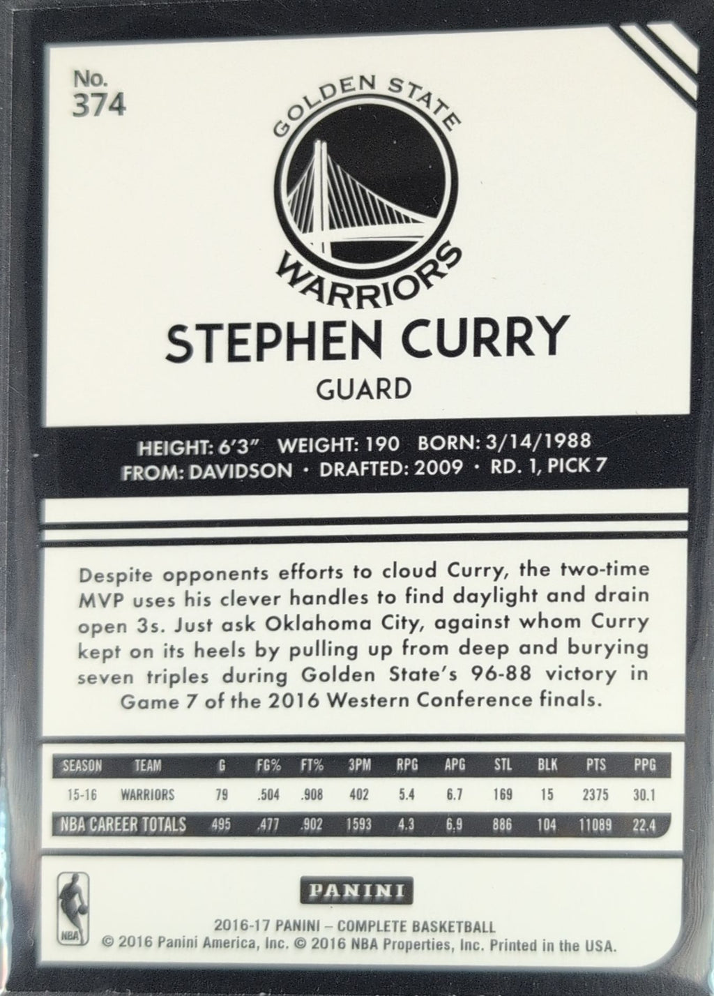 2016-17 Panini Complete Stephen Curry #374 Golden State Warriors back