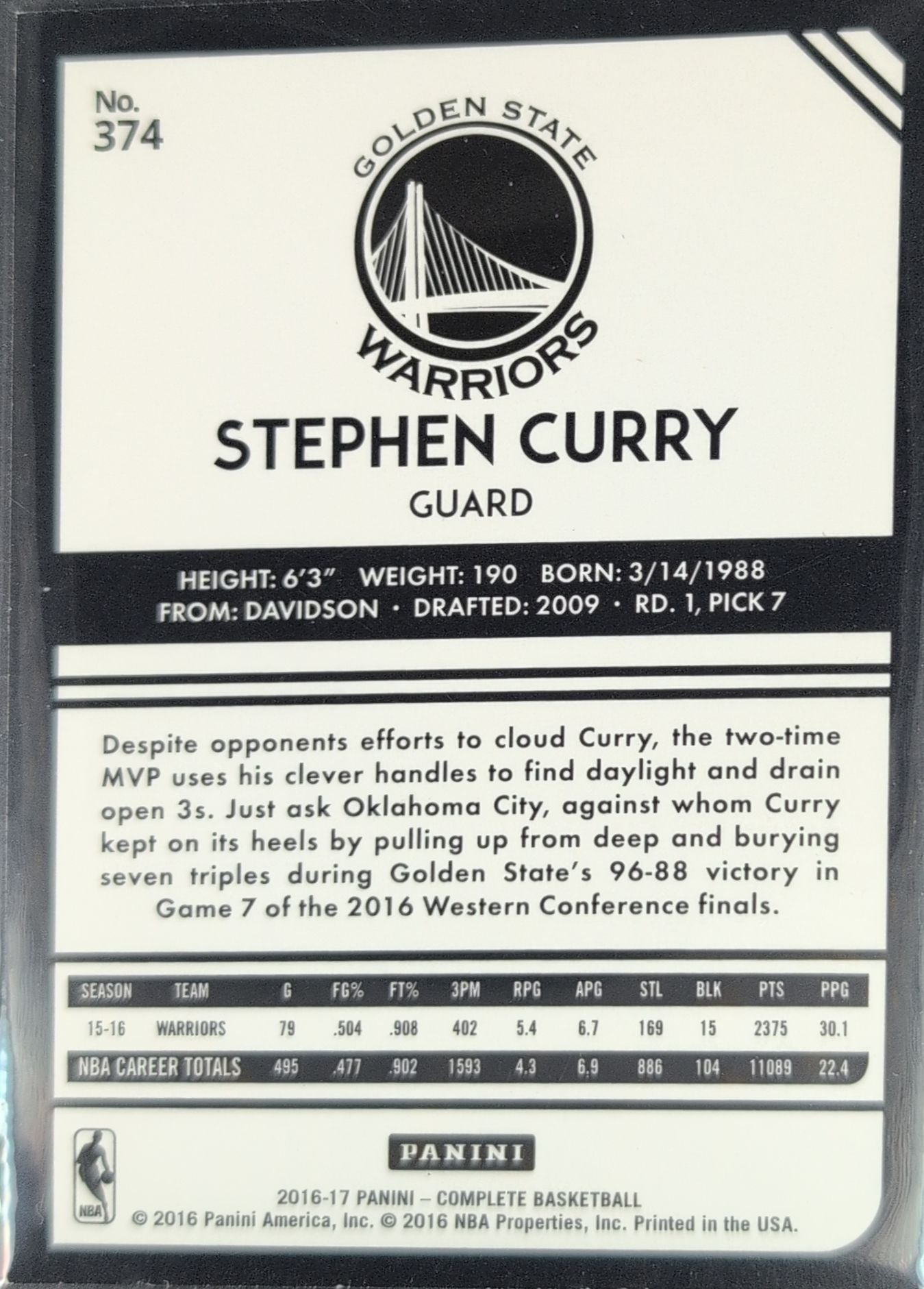 2016-17 Panini Complete Stephen Curry #374 Golden State Warriors back