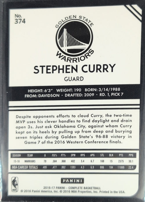 2016-17 Panini Complete Stephen Curry #374 Golden State Warriors back