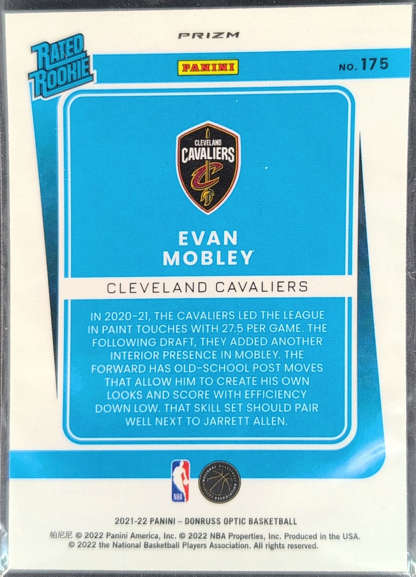 2021-22 Donruss Optic Evan Mobley #175 Holo RC Cleveland Cavaliers back