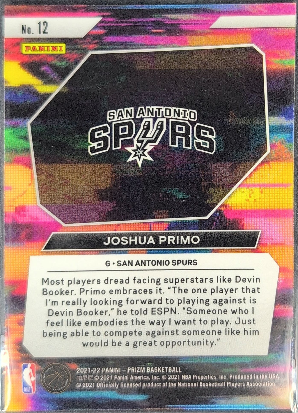 Joshua Primo 2021-22 Panini Prizm #12 Instant Impact Prizms Green San Antonio Spurs - back image