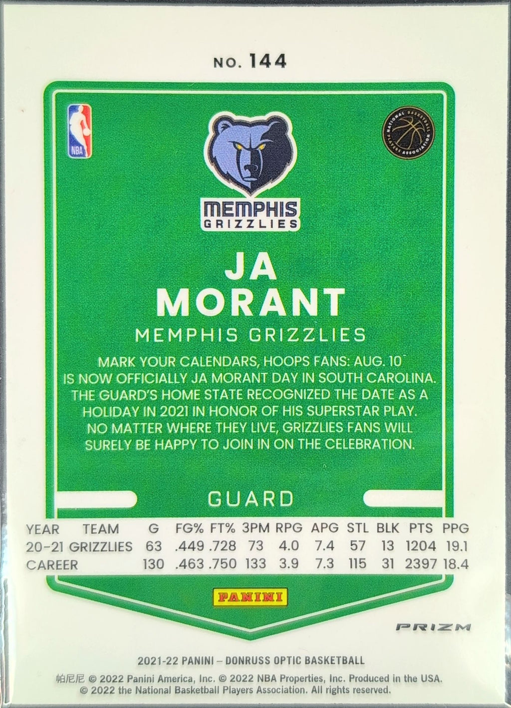 2021-22 Donruss Optic Ja Morant #144 Holo Memphis Grizzlies back