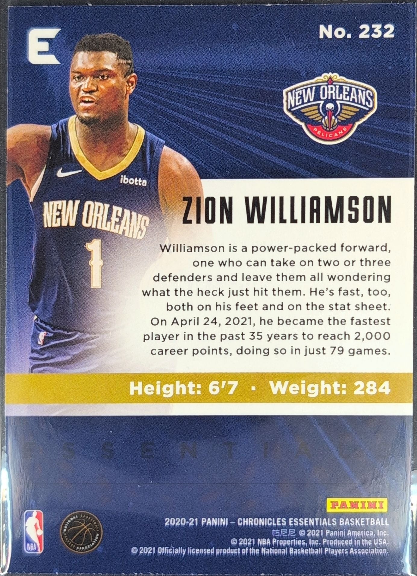 2020-21 Panini Chronicles Zion Williamson #232 Purple SN New Orleans Pelicans back
