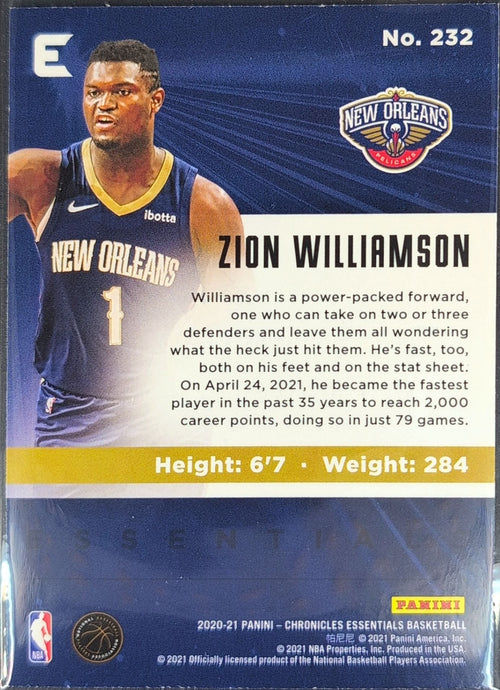 2020-21 Panini Chronicles Zion Williamson #232 Purple SN New Orleans Pelicans back