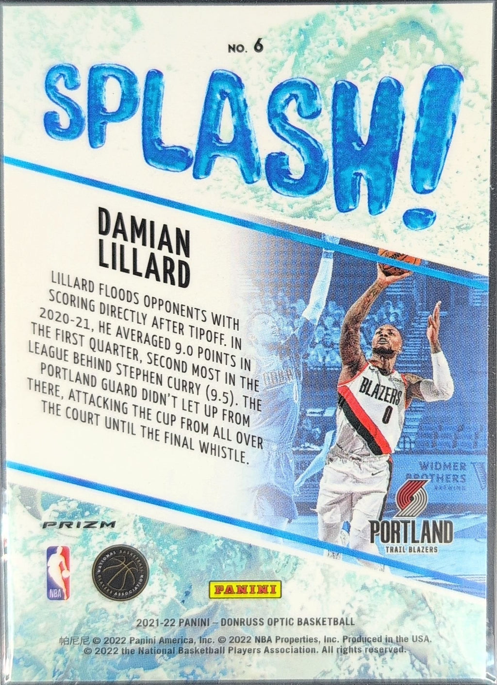 Damian Lillard 2021-22 Donruss Optic #6 Splash! Purple Portland Trail Blazers - back image