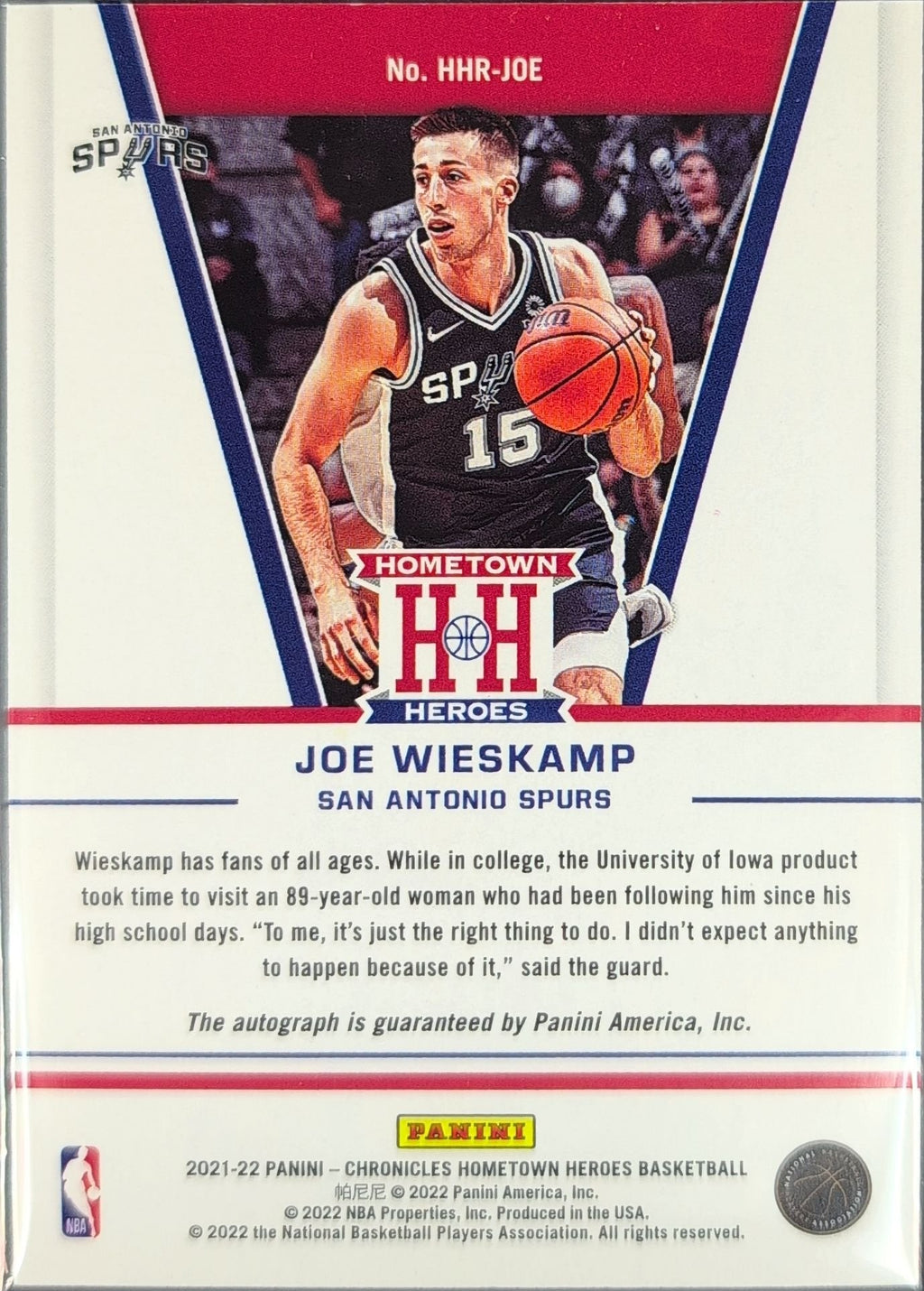 Joe Wieskamp 2021-22 Panini Chronicles #HHR-JOE Hometown Heroes Rookie Auto Red San Antonio Spurs - back image