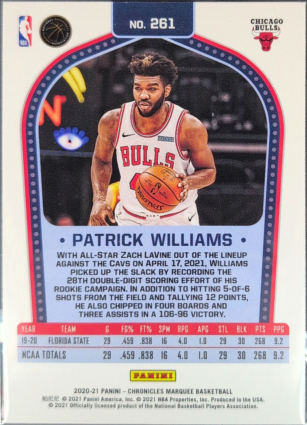 2020-21 Panini Chronicles Patrick Williams #261 Green RC Chicago Bulls back