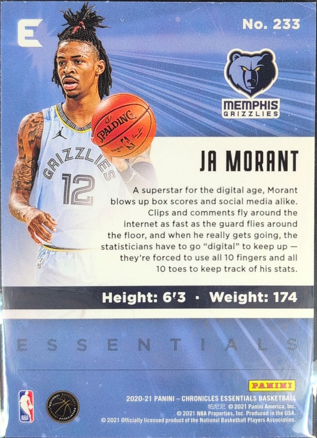 2020-21 Panini Chronicles Ja Morant #233 Silver Memphis Grizzlies back