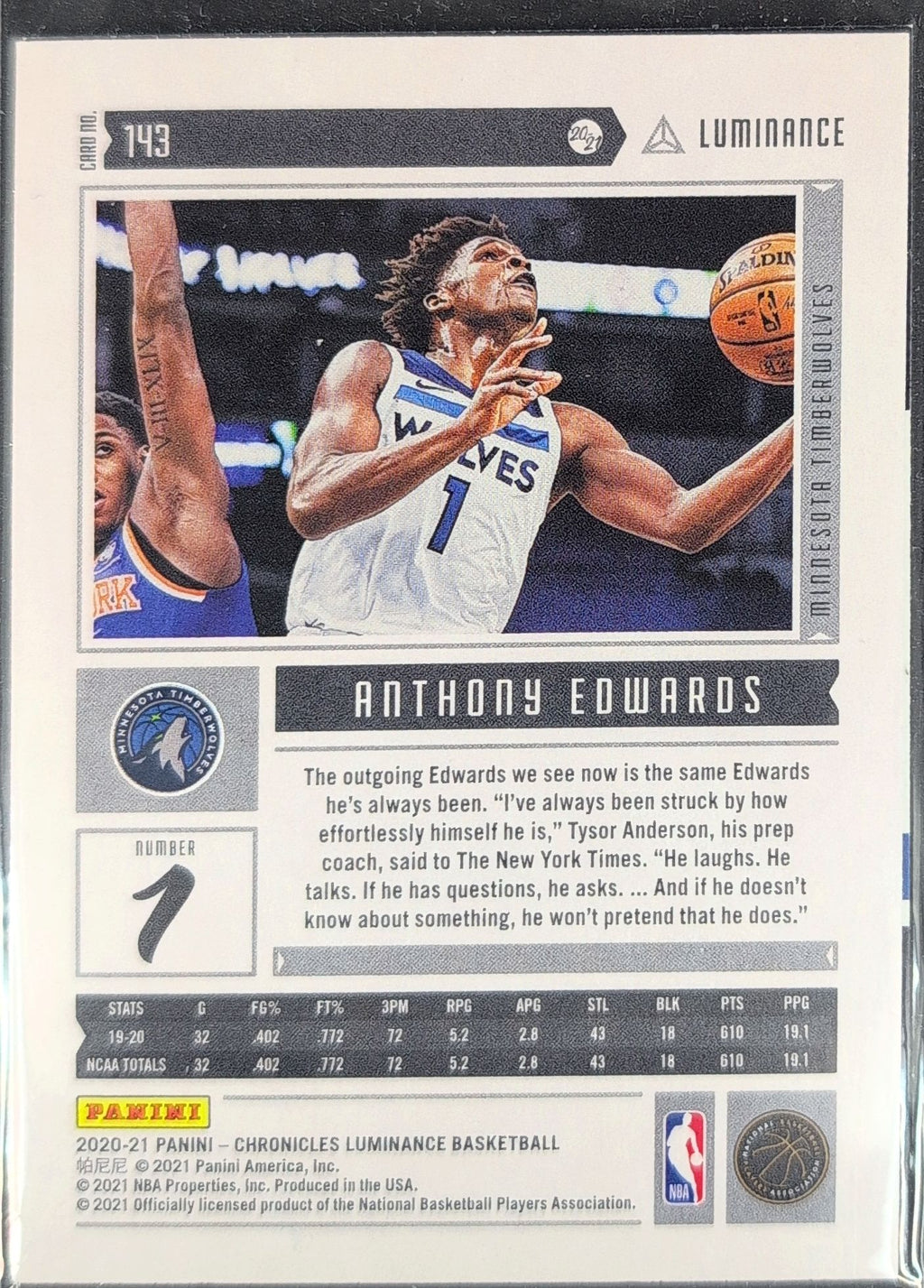 2020-21 Panini Chronicles Anthony Edwards #203 RC Minnesota Timberwolves back