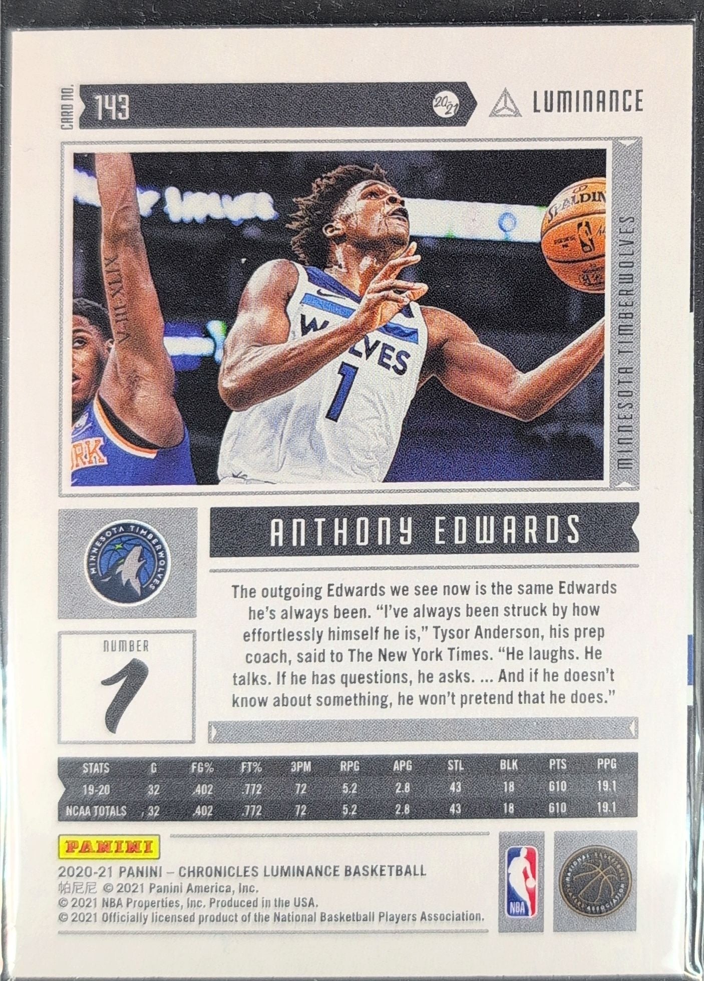 2020-21 Panini Chronicles Anthony Edwards #203 RC Minnesota Timberwolves back