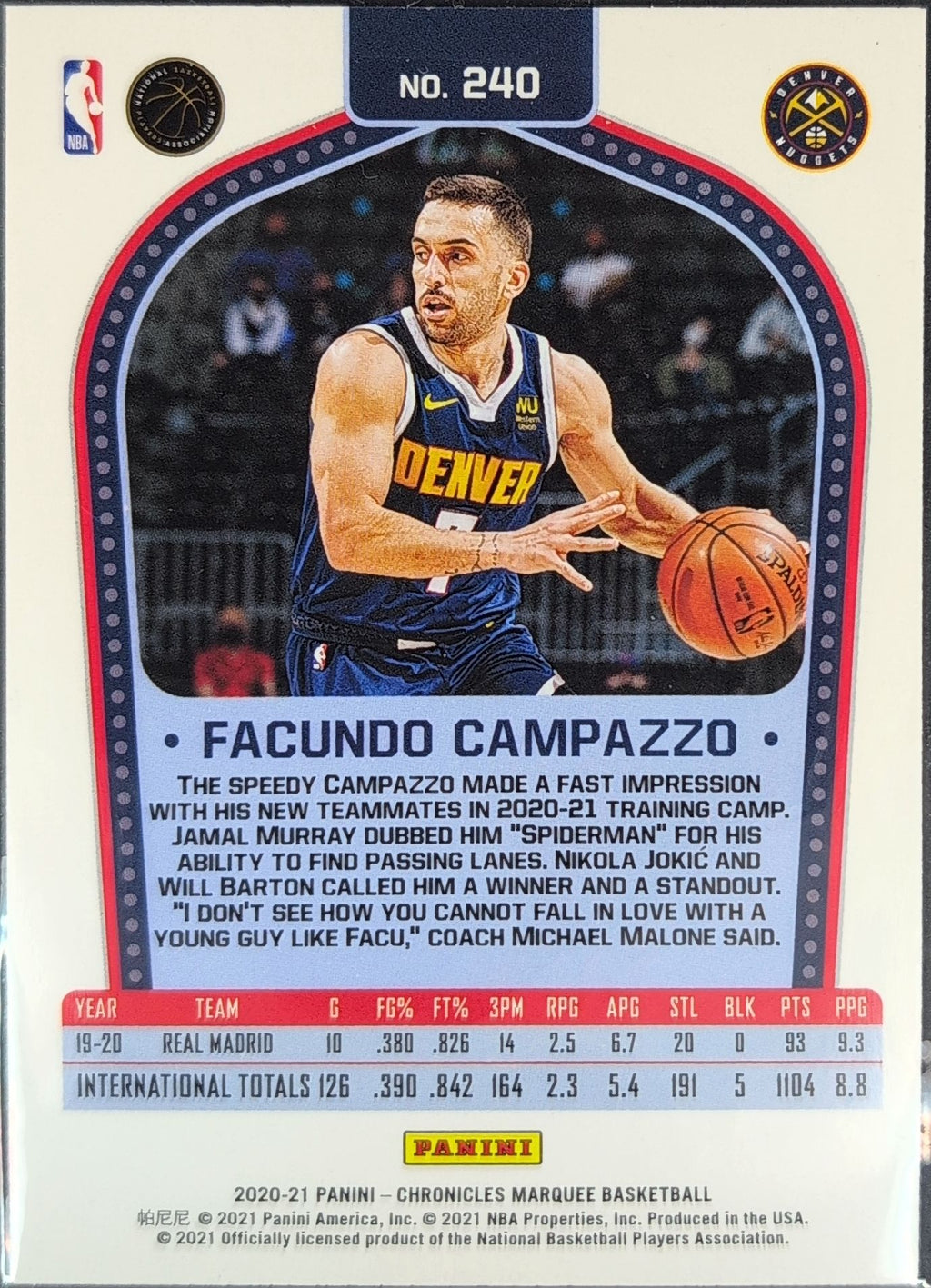 2020-21 Panini Chronicles Facundo Campazzo #240 Silver RC Denver Nuggets back