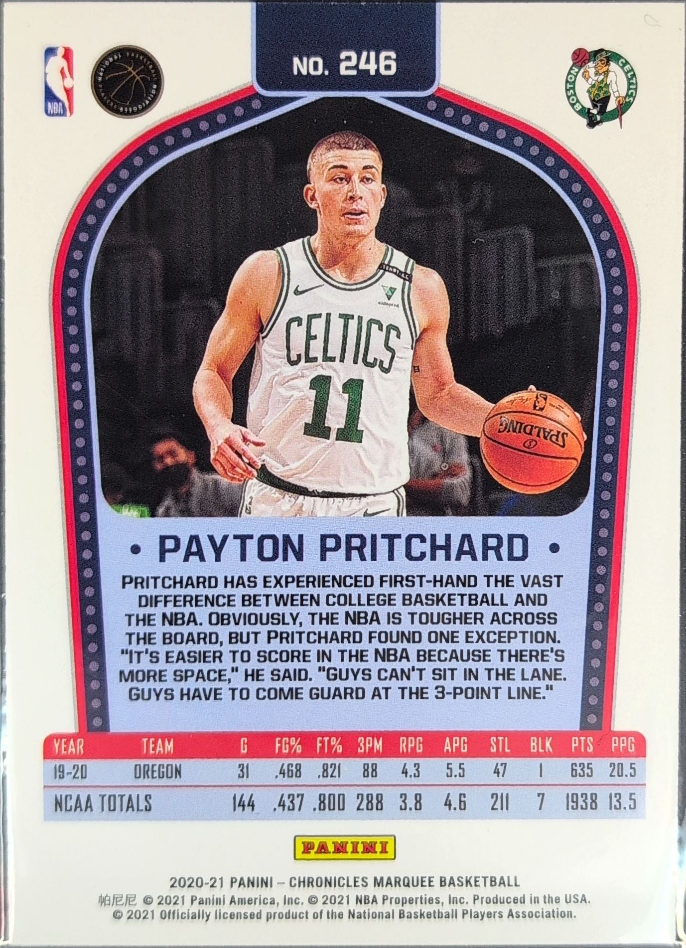 2020-21 Panini Chronicles Payton Pritchard #246 Bronze RC Boston Celtics back