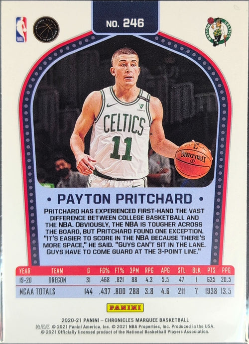 2020-21 Panini Chronicles Payton Pritchard #246 Bronze RC Boston Celtics back