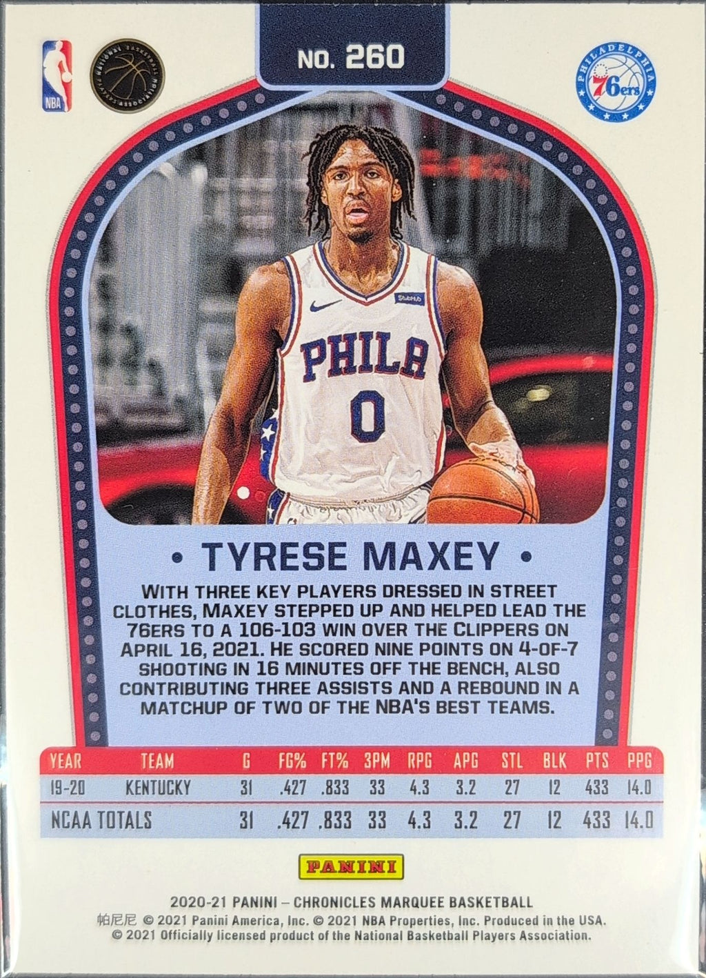 2020-21 Panini Chronicles Tyrese Maxey #260 Bronze RC Philadelphia 76ers back
