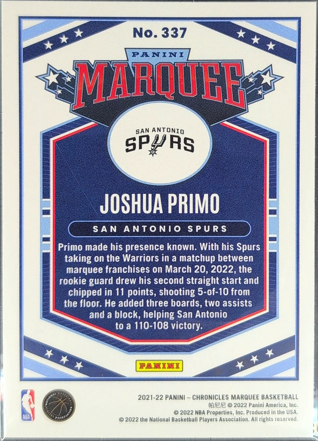 2021-22 Panini Chronicles Joshua Primo #337 Pink RC San Antonio Spurs back