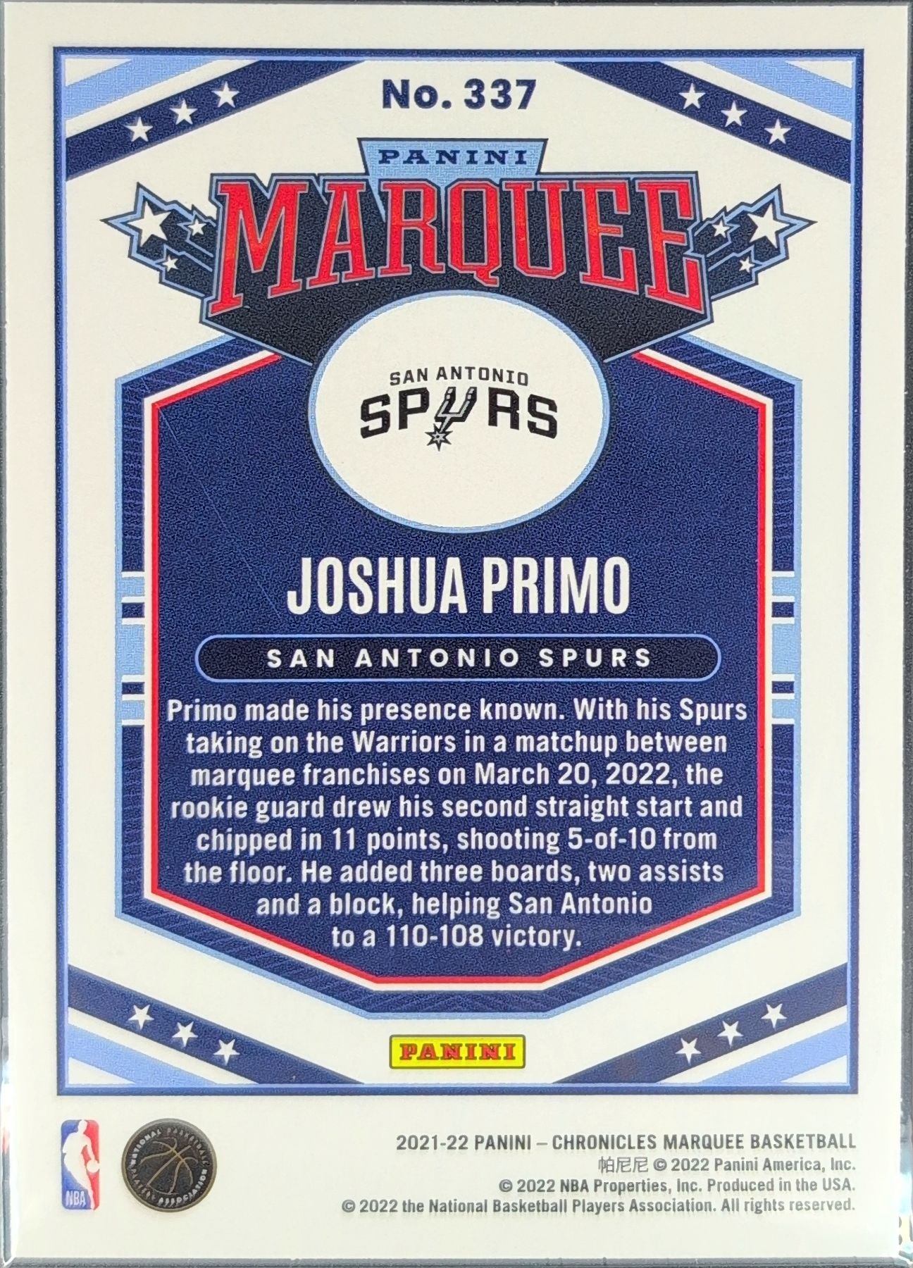 2021-22 Panini Chronicles Joshua Primo #337 Pink RC San Antonio Spurs back