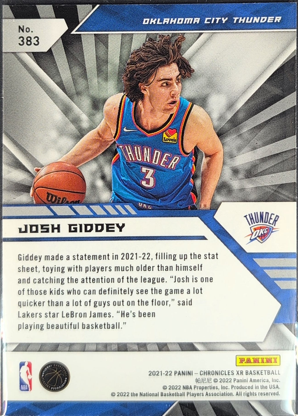 2021-22 Panini Chronicles Josh Giddey #383 Pink Oklahoma City Thunder back